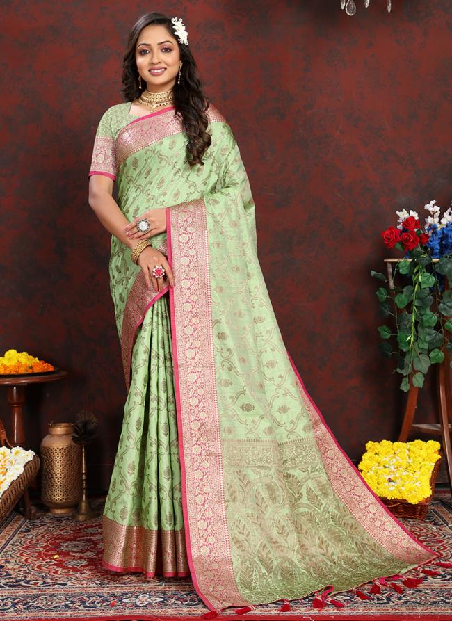 Katan Silk Pista Green Festival Wear Weaving Saree